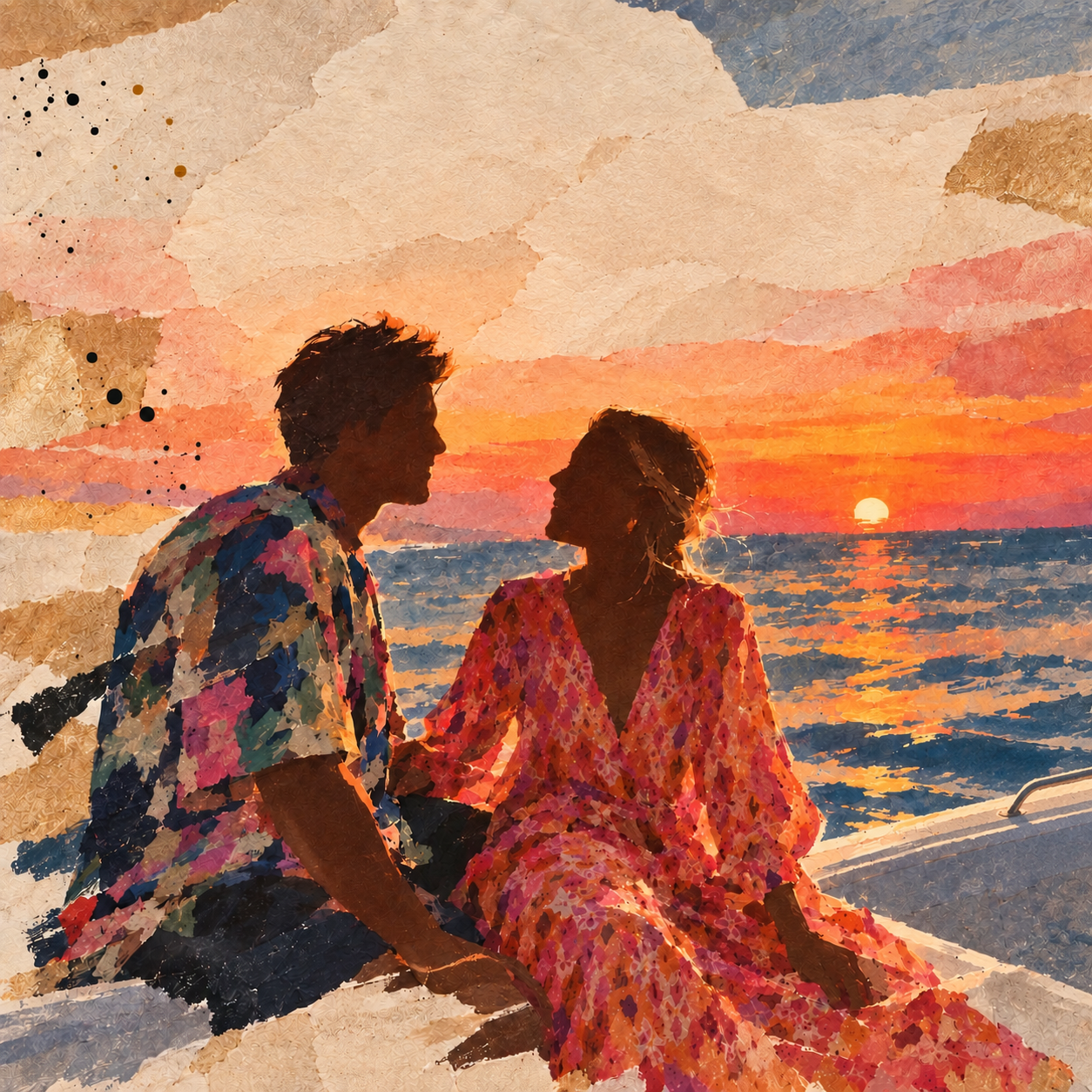 La portada de LEYENDA: una pareja se mira frente al mar al atardecer, en un collage de papel, azul y naranja.